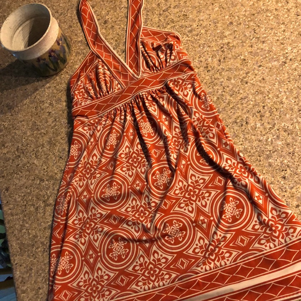 BCBGMAXAZRIA XS Halter Dress Tan and Orange